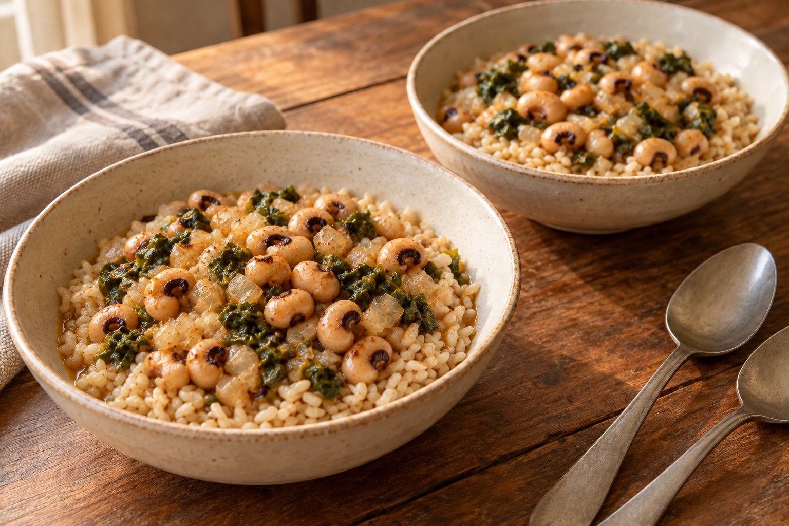 Two bowls of brown rice topped with black-eyed peas, chopped cooked collards, and softened onion.