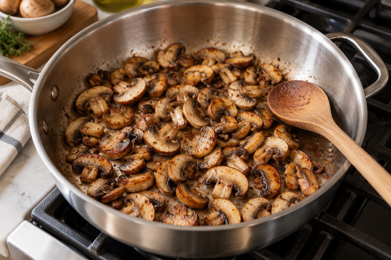 Sliced brown mushrooms browning in a wide pan with a wooden spoon