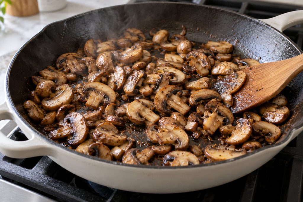 Cremini mushroom slices with browned patches spread across a heavy skillet.