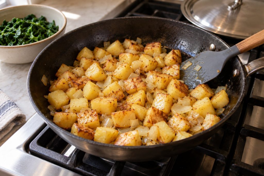 Potato cubes with golden faces and softened onion browning in a skillet before spinach is added.