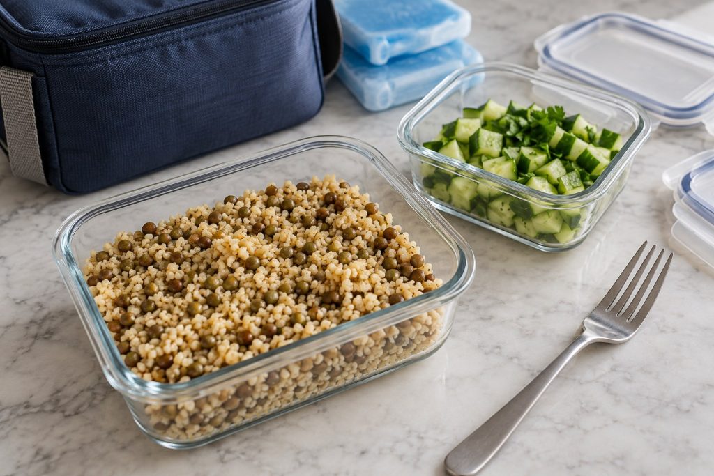 A lunch container of dressed bulgur and lentils with diced cucumber and parsley in a separate small container.