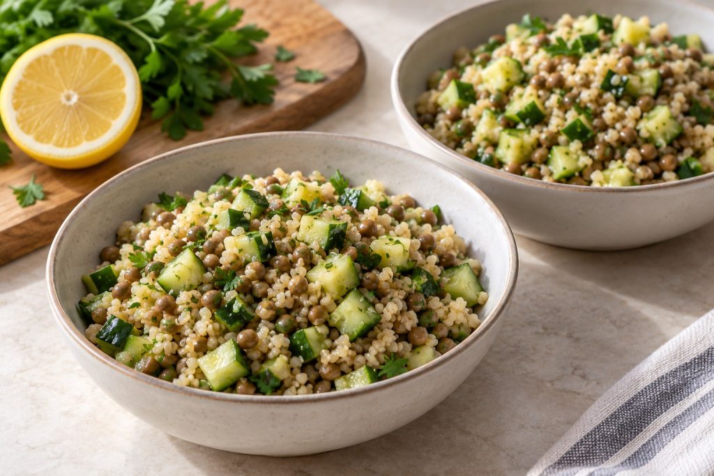 Two bowls of fine bulgur, whole brown-green lentils, diced cucumber, and chopped parsley with a light lemon dressing.