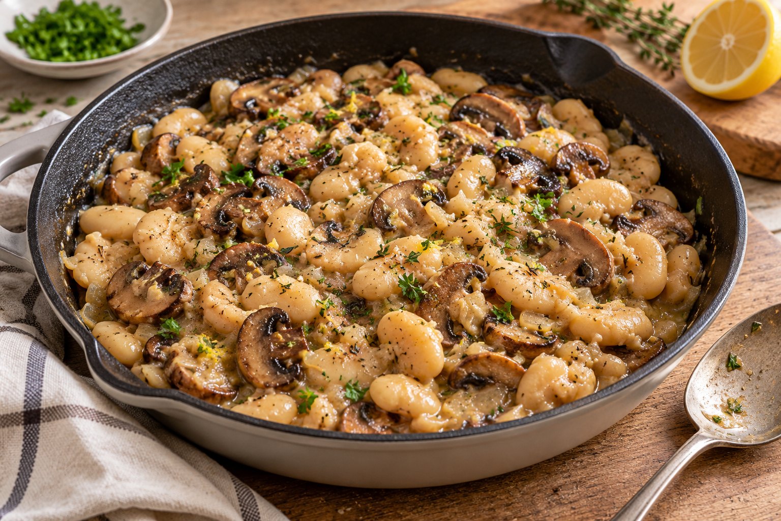 Butter beans and browned cremini mushroom slices in a thick sauce with chopped parsley.