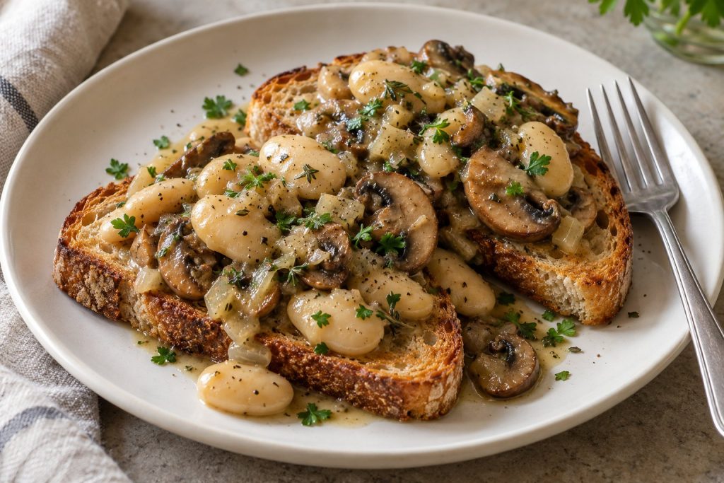 Large butter beans and browned mushroom slices in a light beige sauce sit on toast with crisp bread edges left uncovered.