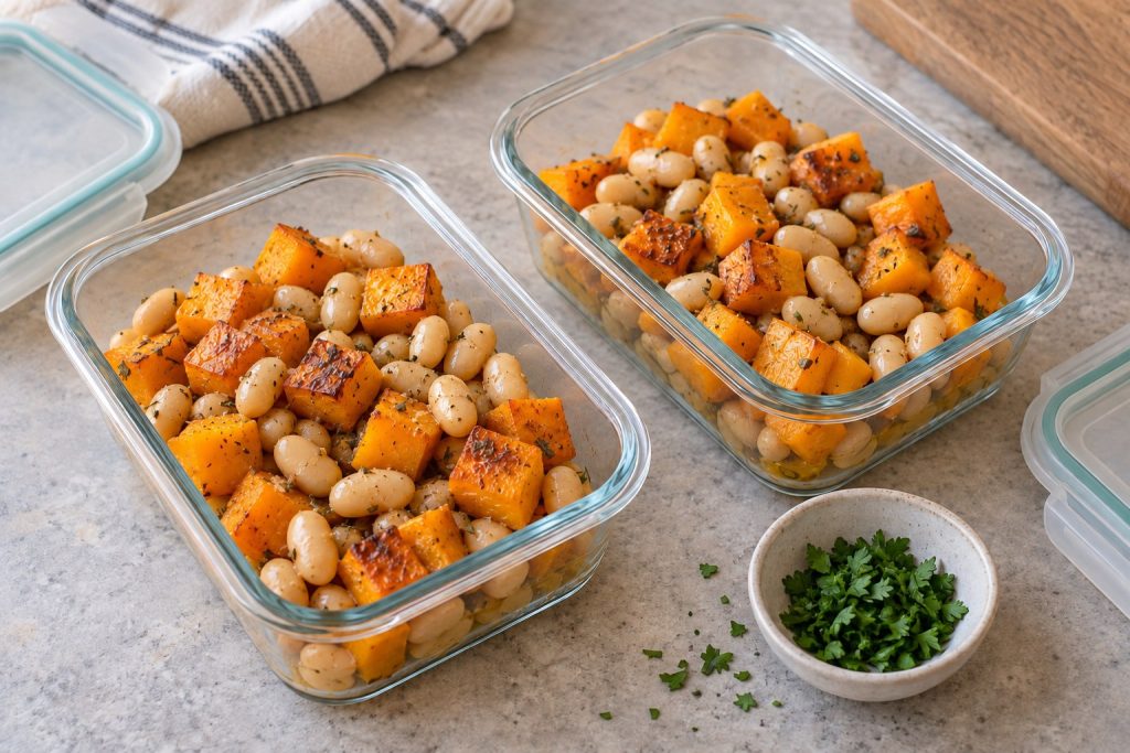 Two lunch containers holding roasted butternut squash cubes and white beans, with parsley alongside.