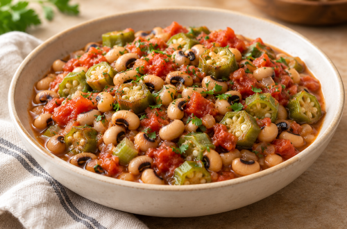 Black-eyed peas, sliced okra and tomatoes in a shallow bowl.