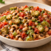 Black-eyed peas, sliced okra and tomatoes in a shallow bowl.