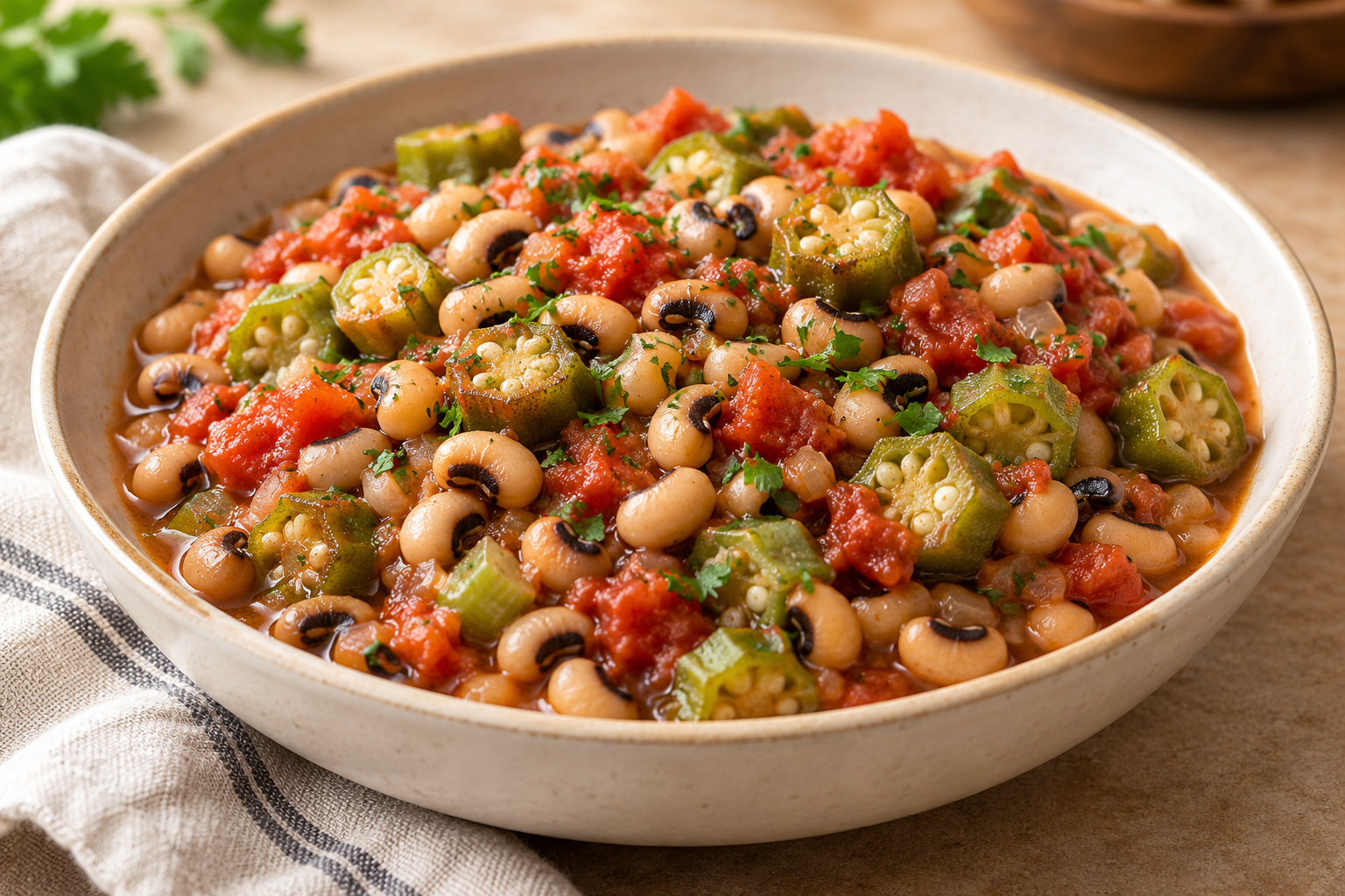 Black-eyed peas, sliced okra and tomatoes in a shallow bowl.