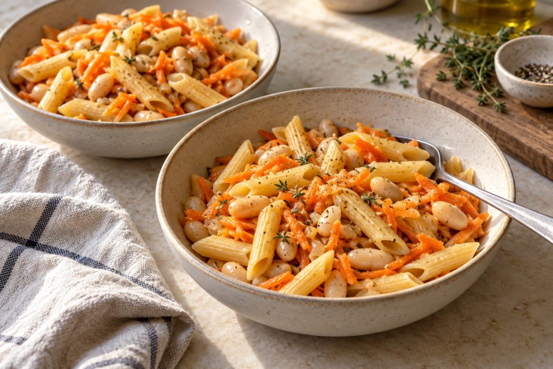 Short penne pasta with whole cannellini beans and soft grated carrot in a light garlic and thyme coating.