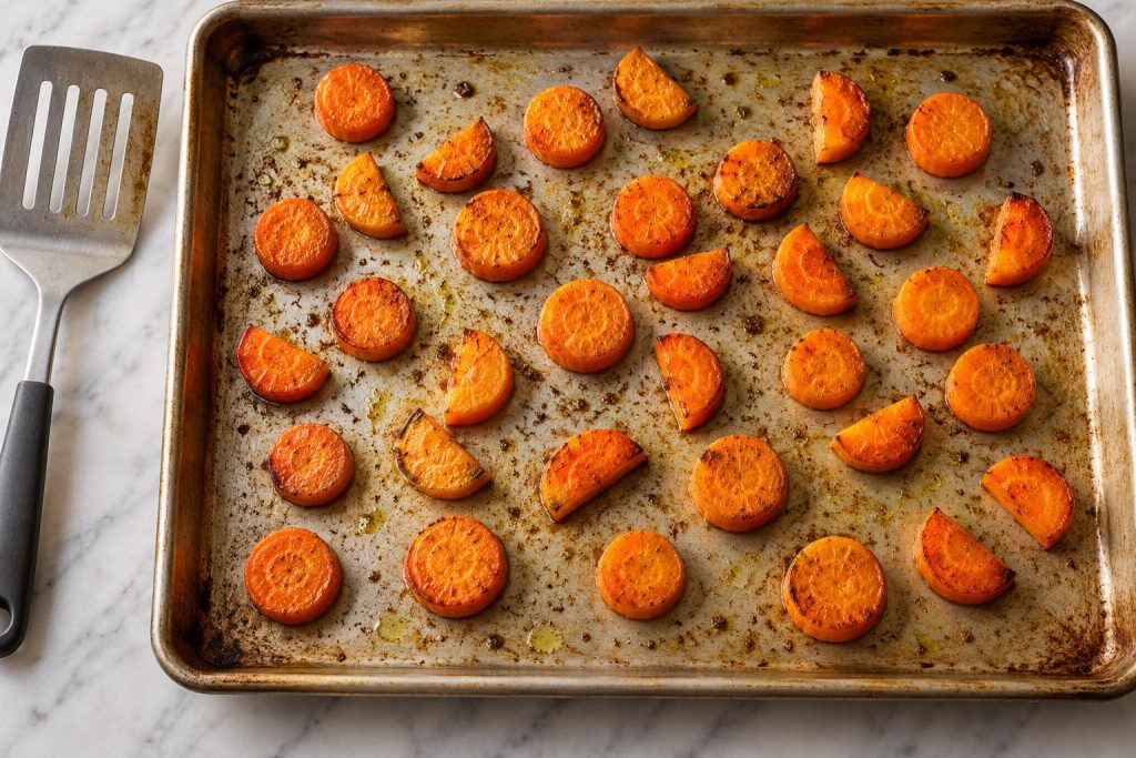 Carrot coins in a single layer on a rimmed sheet pan, with golden edges and visible space between pieces.