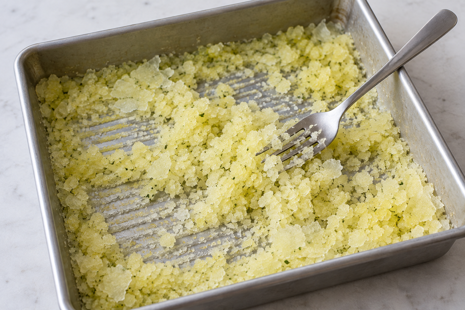 Celery pineapple mint granita scraped into loose crystals with a fork in a shallow metal pan