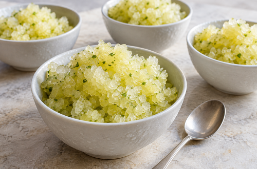 Celery pineapple mint granita with loose pale yellow crystals in four chilled bowls