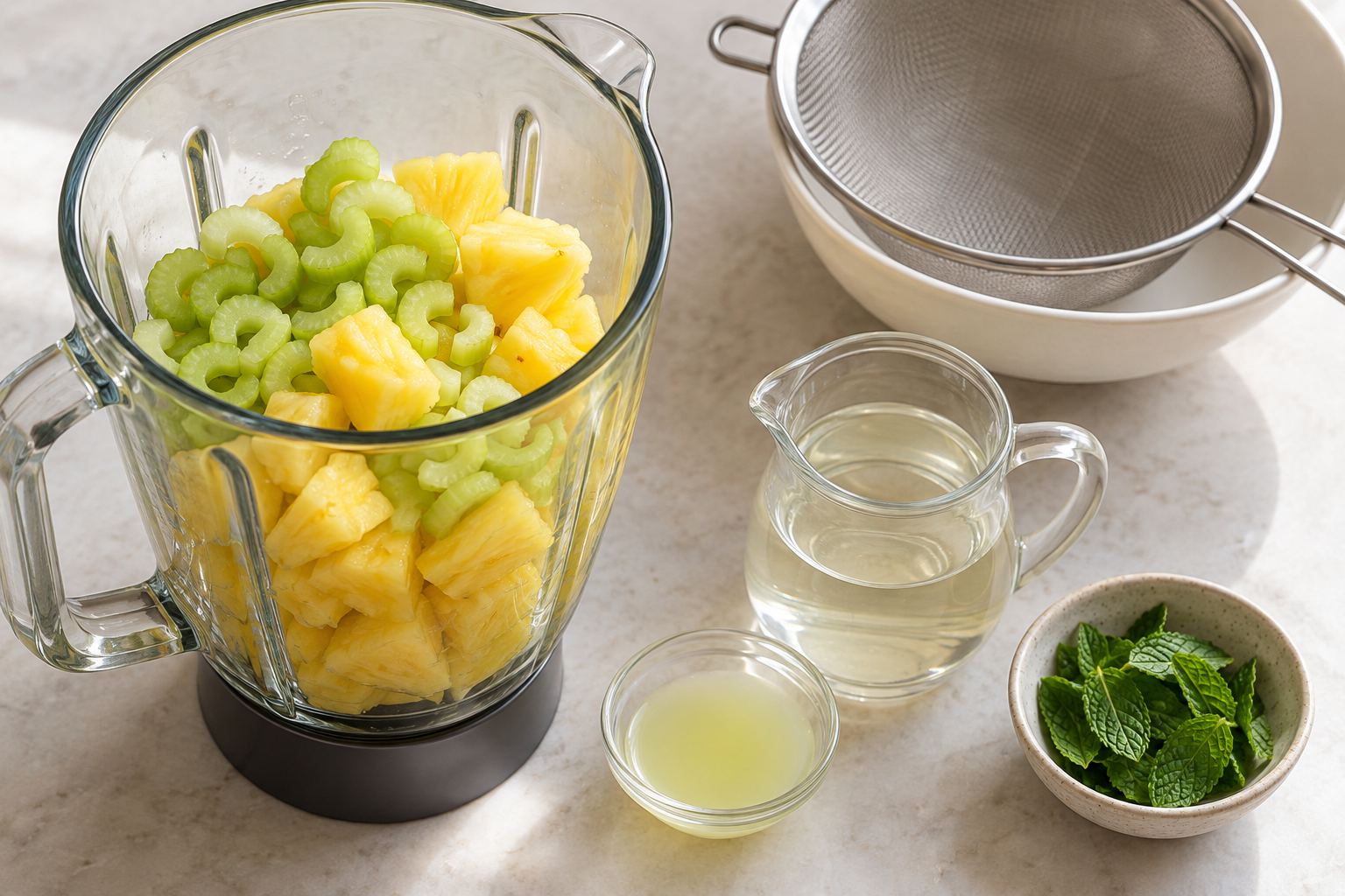 Pineapple and celery in a blender with mint and measured liquids for celery pineapple mint granita