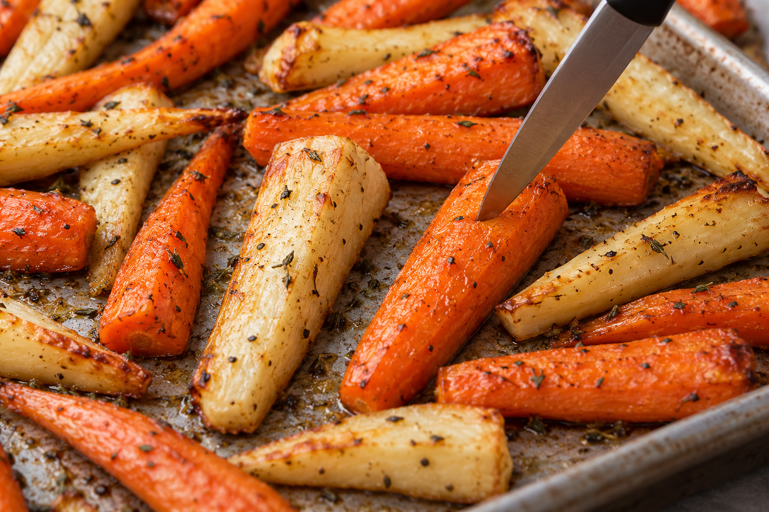 A small knife checking the center of a roasted carrot beside browned parsnip pieces