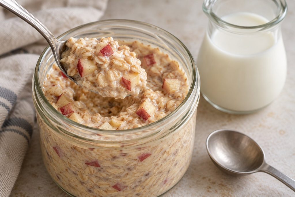 A spoon lifting creamy soaked oats and small apple pieces from a breakfast jar.