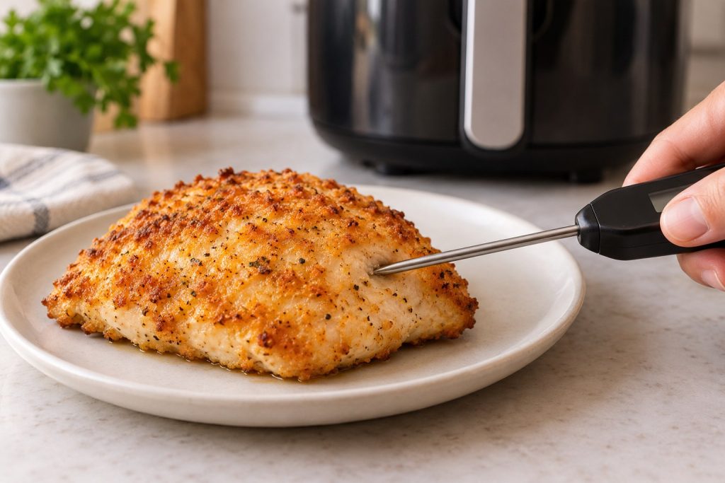 A food thermometer probe inserted from the side into the thickest meat of a breaded chicken piece.
