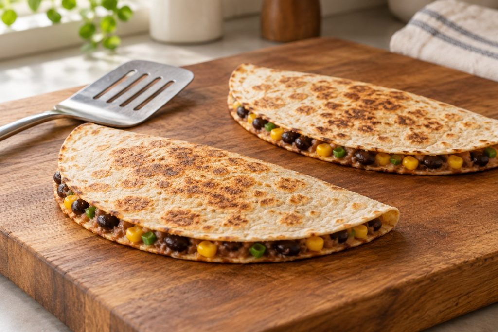 Two browned folded quesadillas rest separately on a board, with a thin black bean, corn and scallion filling visible at their edges.