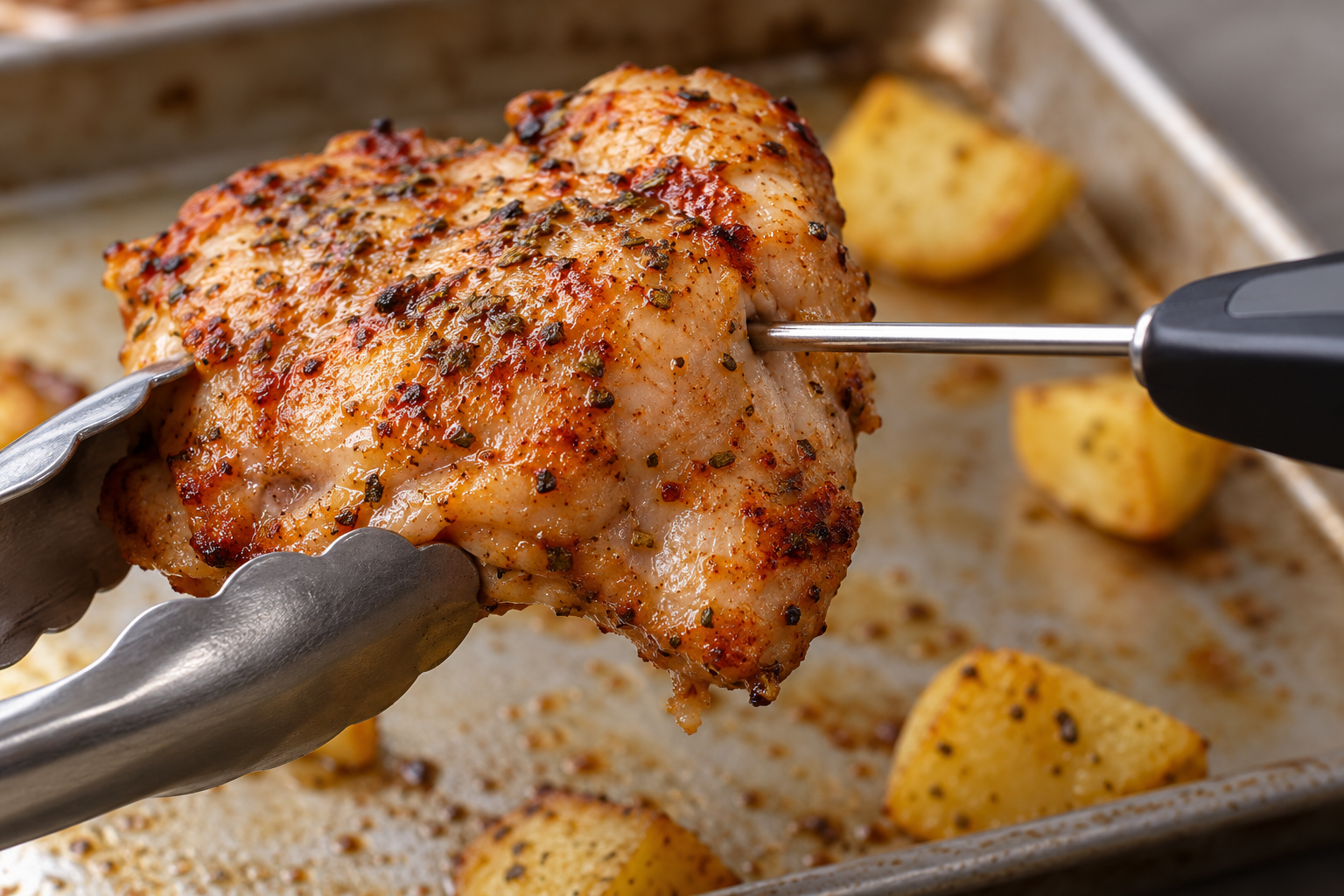 Thermometer inserted from the side of a thigh for sheet pan chicken thighs with frozen broccoli and potatoes