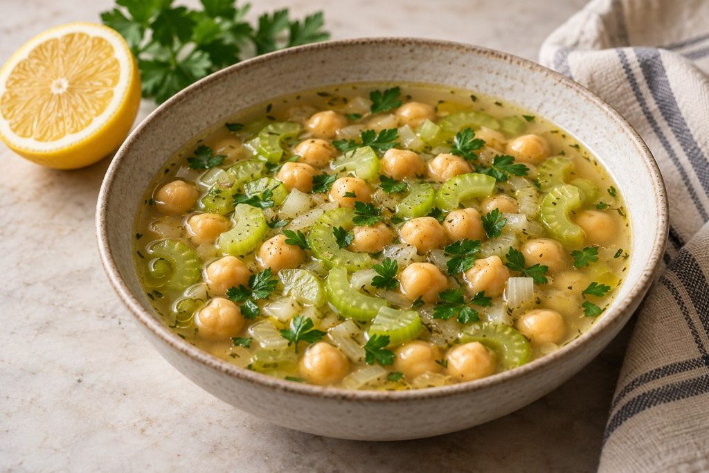 Chickpea and celery lemon soup with whole chickpeas, celery slices and parsley in a light golden broth.