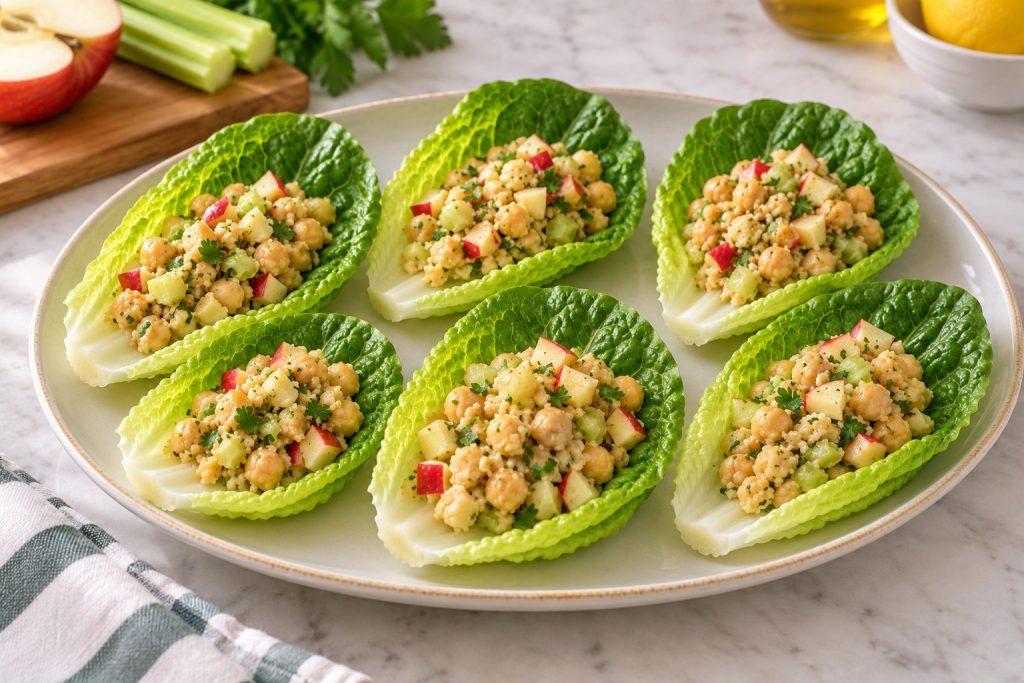 Six romaine lettuce cups filled with partly mashed chickpeas, small apple cubes, diced celery, and parsley.