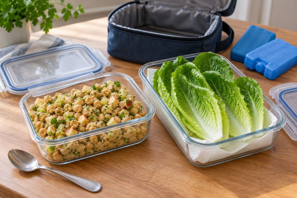 Chickpea apple celery filling in one lunch container and dry romaine leaves in another beside an insulated lunch bag.