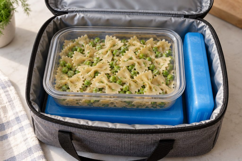 A portion of farfalle and peas sits in a clear lunch container inside an insulated bag with two cold packs.