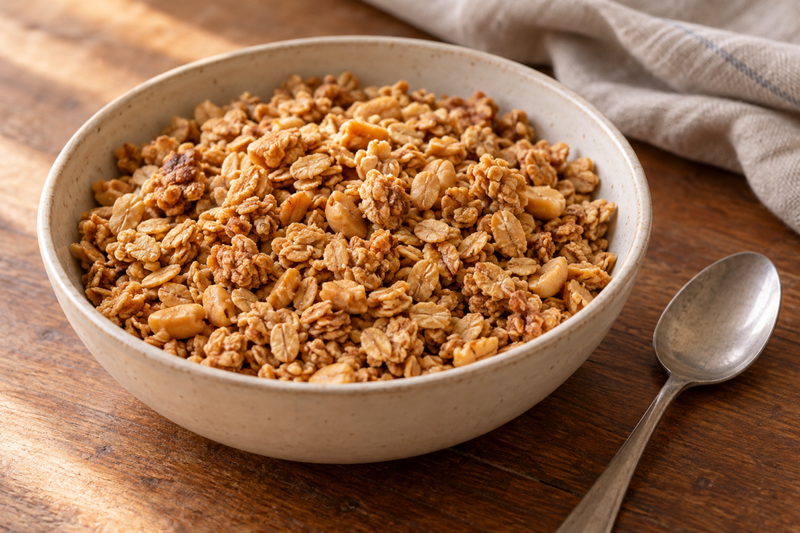 Cider vinegar peanut butter granola with toasted oat clusters and chopped peanuts in a bowl