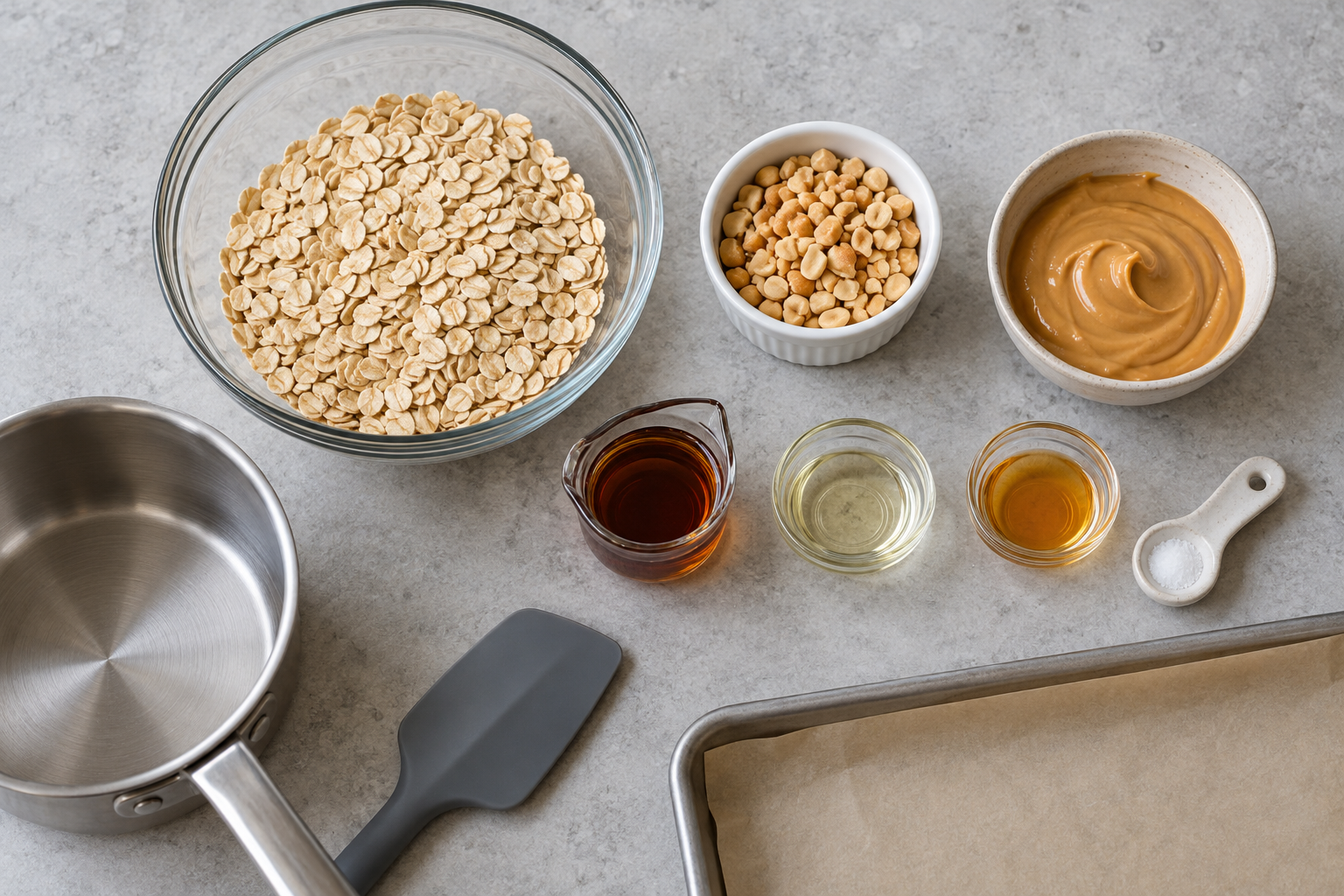 Measured oats, peanuts, peanut butter and liquids for cider vinegar peanut butter granola