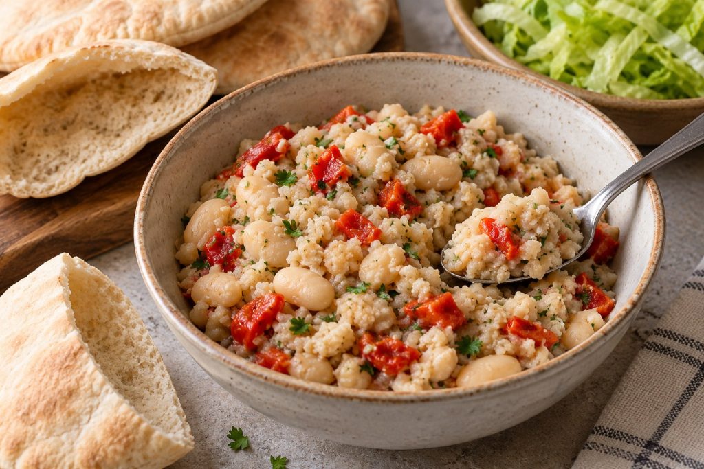A thick, coarse white bean filling with chopped roasted peppers and parsley in a bowl beside soft pita.