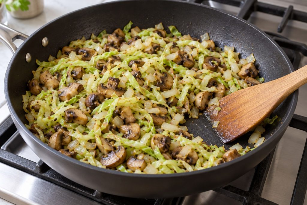 Small browned mushroom pieces and soft cabbage shreds in a wide skillet, with no liquid pooling in the pan.