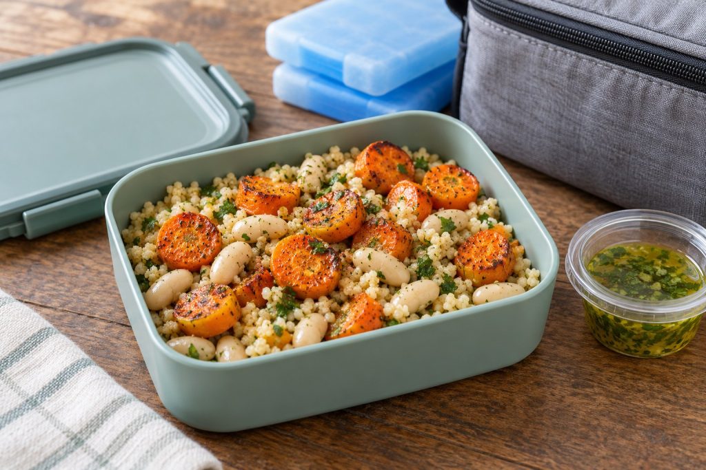 A shallow lunch container of couscous, white beans, and roasted carrots with lemon dressing packed separately.