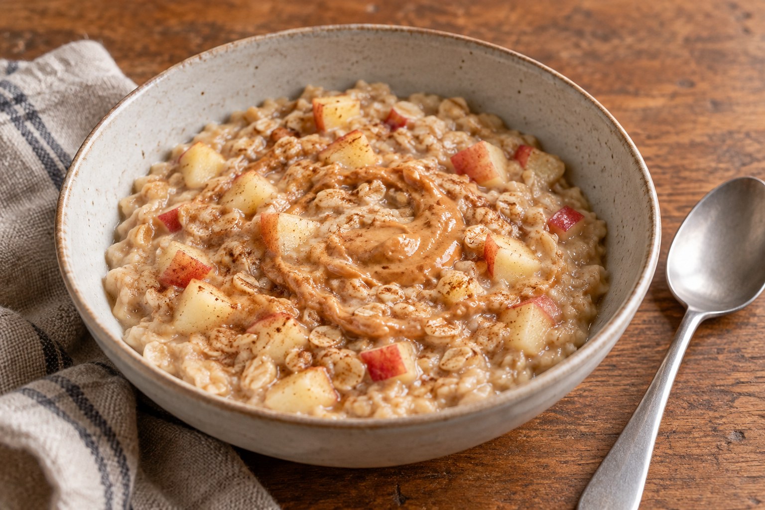 A bowl of creamy rolled oats with small cooked apple pieces, cinnamon, and a modest peanut butter swirl.