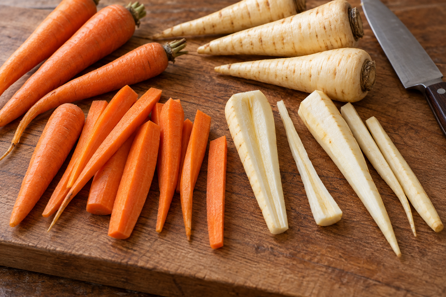 Orange carrot and ivory parsnip batons cut to similar thickness, with a woody parsnip core removed