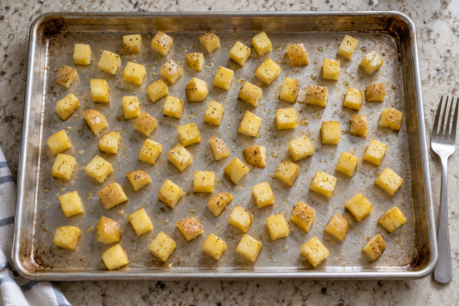 Small potato cubes spread out for sheet pan chicken thighs with frozen broccoli and potatoes