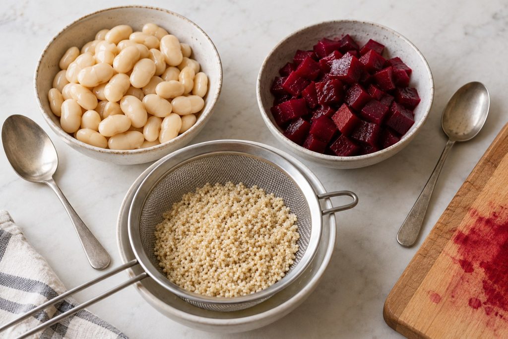 Whole drained butter beans and half-inch cooked beet cubes in separate small bowls beside rinsed quinoa.