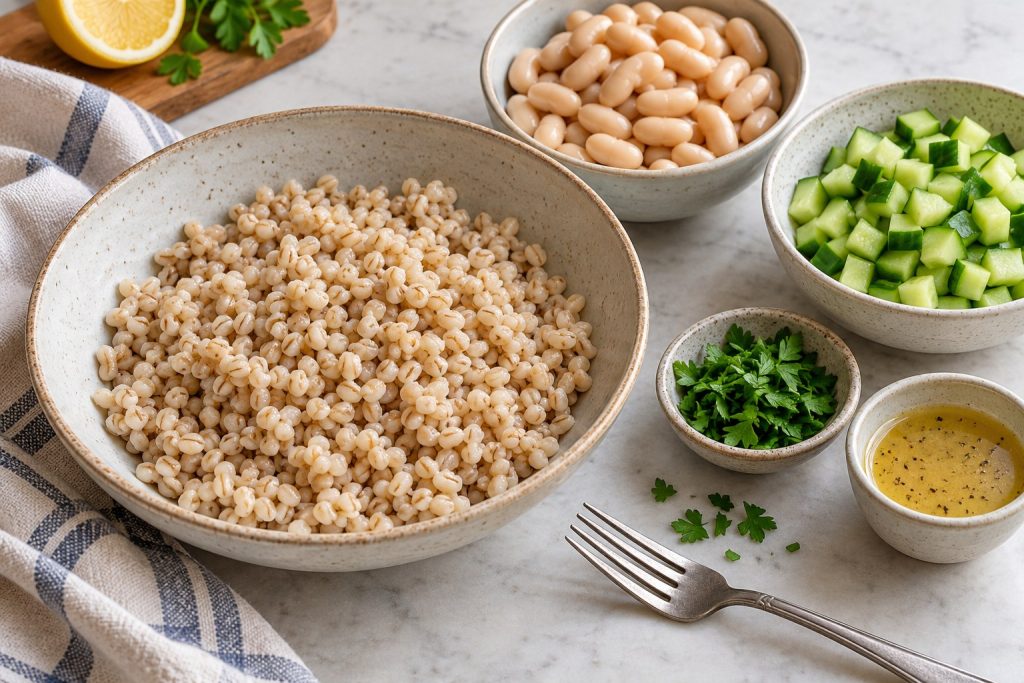 Tender pearl barley spread loosely in a shallow bowl beside diced cucumber and drained white beans.