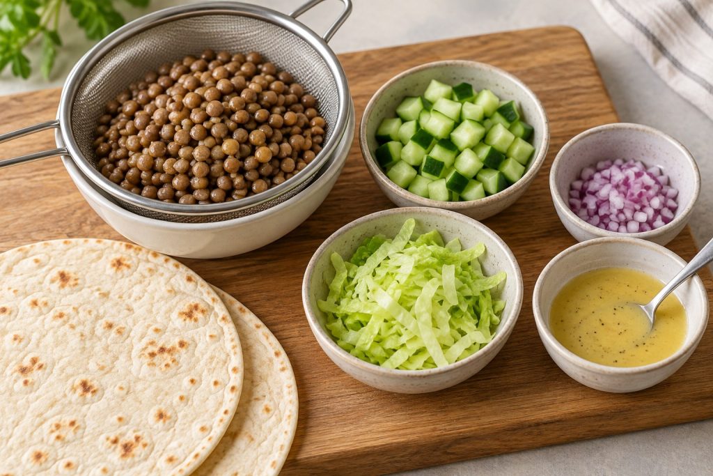Drained whole lentils, finely diced cucumber, chopped red onion and dry shredded lettuce ready for the wrap filling.