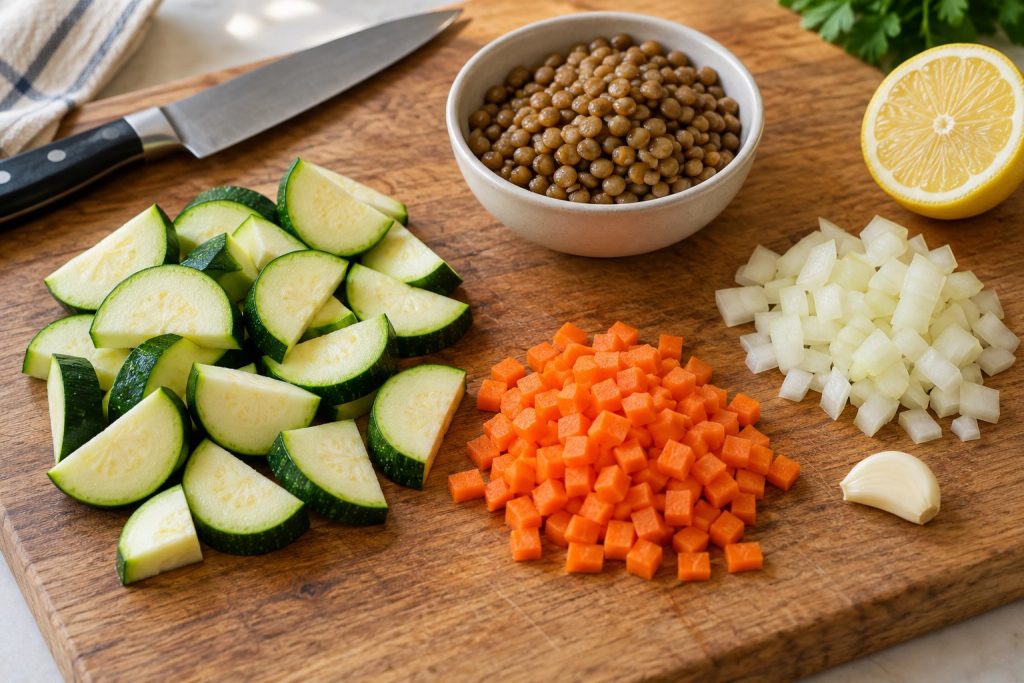 Zucchini half-moons, small carrot dice and cooked brown lentils prepared for soup.
