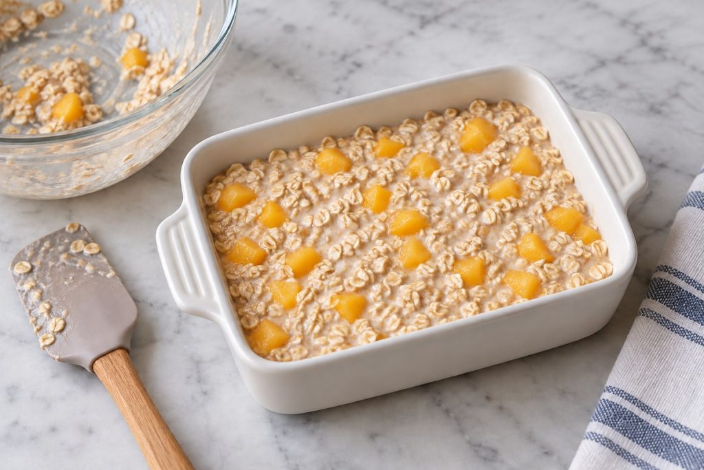 Rolled oats and diced peaches spread evenly in a small greased baking dish before baking.
