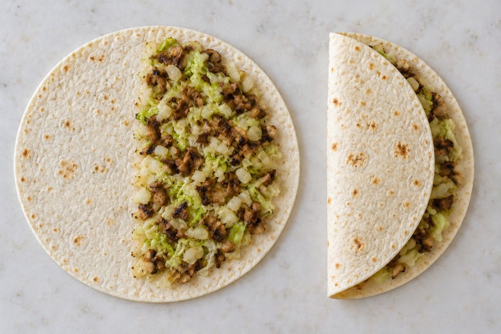 An open tortilla with mushroom cabbage filling on one half, alongside a tortilla folded into a half-moon.