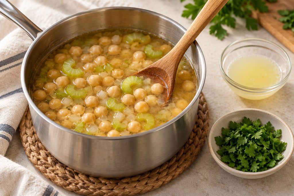 A saucepan of chickpea and celery soup off the burner, with lemon juice and parsley ready to add.
