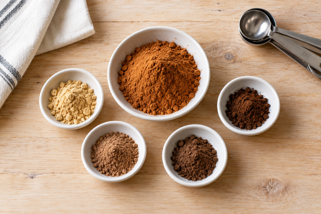 Five bowls of ground cinnamon, ginger, nutmeg, allspice and cloves with measuring spoons.