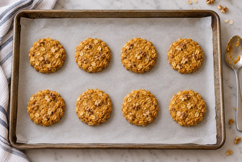 Eight evenly flattened pumpkin oat cookie rounds with small walnut pieces on a parchment-lined baking tray.