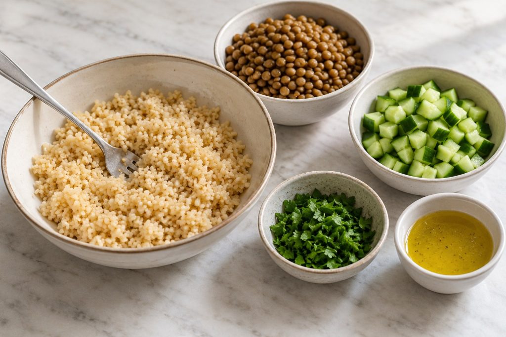 Fluffed fine bulgur in a heatproof bowl beside drained lentils, small cucumber cubes, parsley, and lemon dressing.