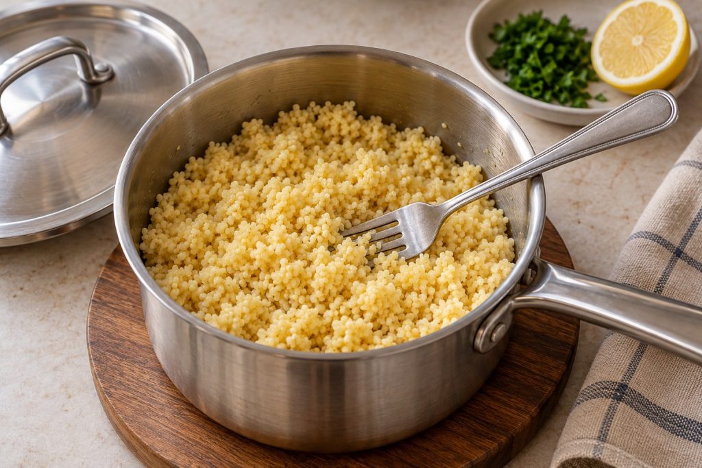 Tender pale yellow millet loosened with a fork in a small saucepan after resting.