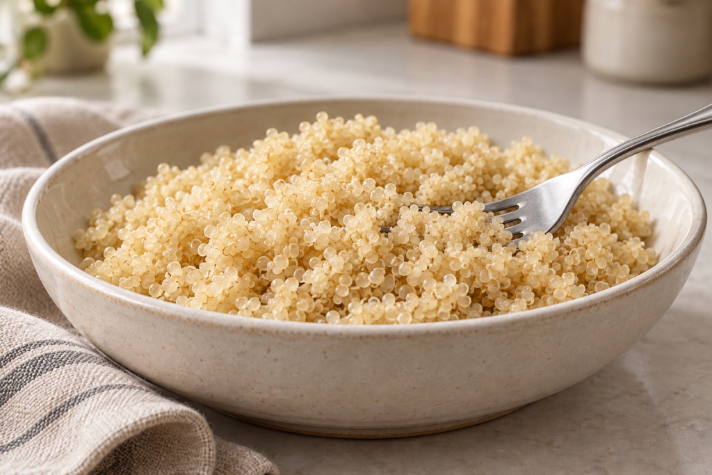 Fluffy cooked quinoa in a shallow bowl, with a fork among the separated grains.