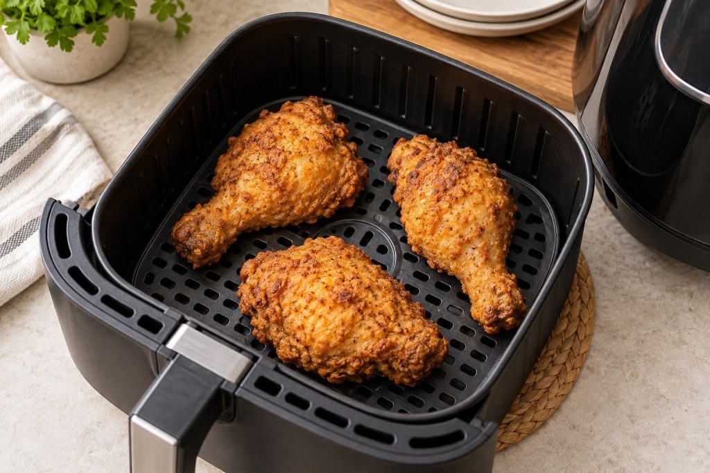 Cooked fried chicken in one layer with clear gaps on an air fryer crisper plate.