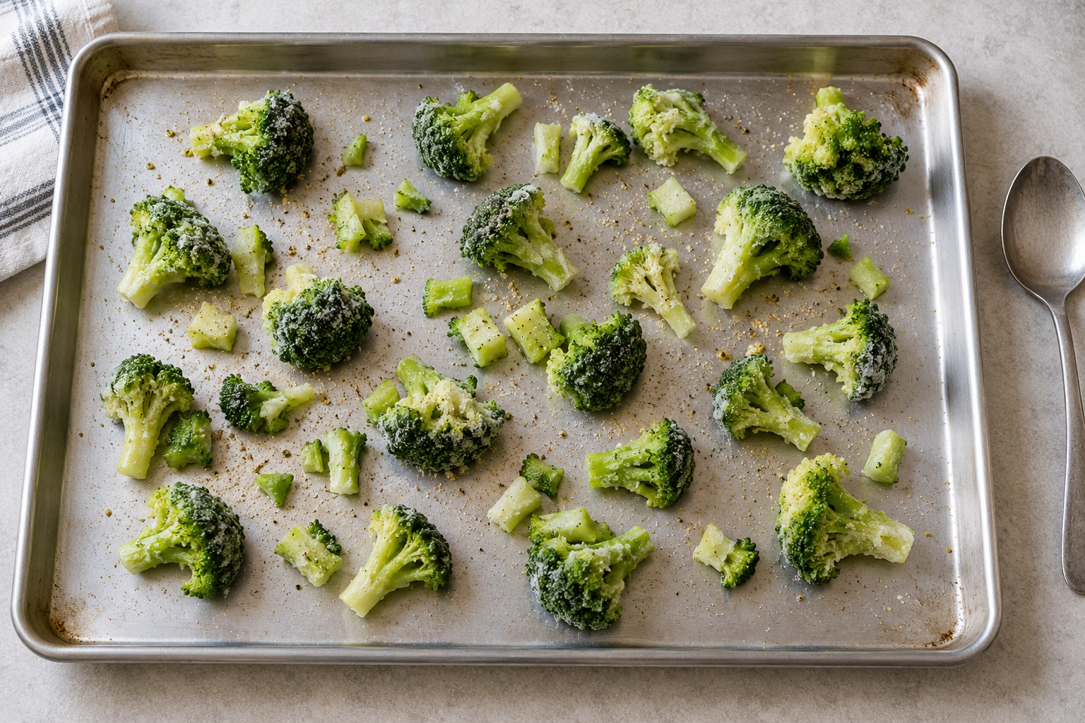 Frozen broccoli on its own tray for sheet pan chicken thighs with frozen broccoli and potatoes