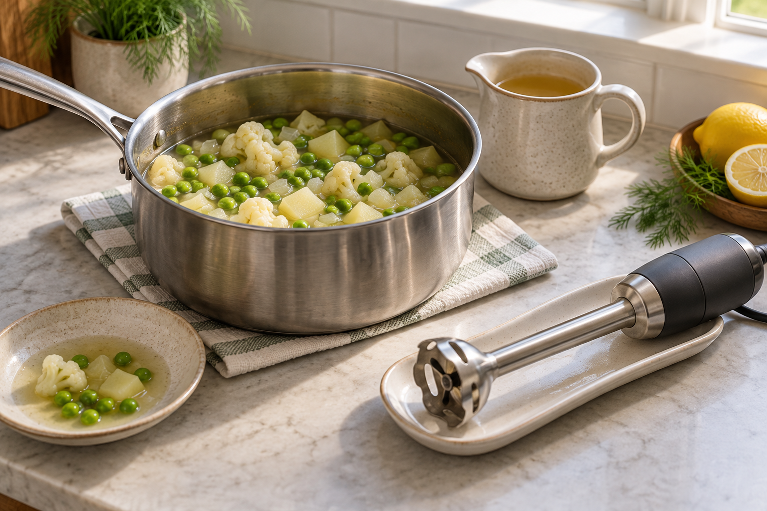 Blending setup for frozen cauliflower pea soup without heavy cream, with lemon, dill and reserve broth