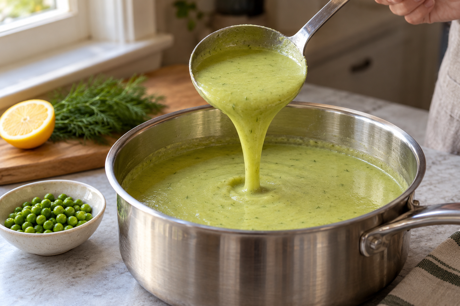 Frozen cauliflower pea soup without heavy cream flowing from a ladle into the pot
